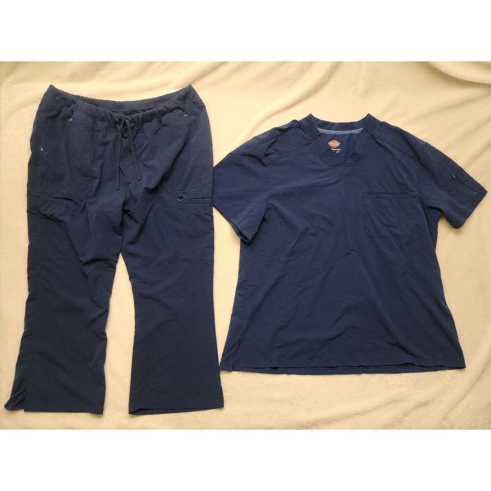 Dickies Scrubs Set Blue Navy Polyester Stretch Drawstring Womens XL XXL